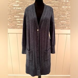 Cleo & Wolf Navy Blue Knitted Long Button Up Down Cardigan Sweater XL Large